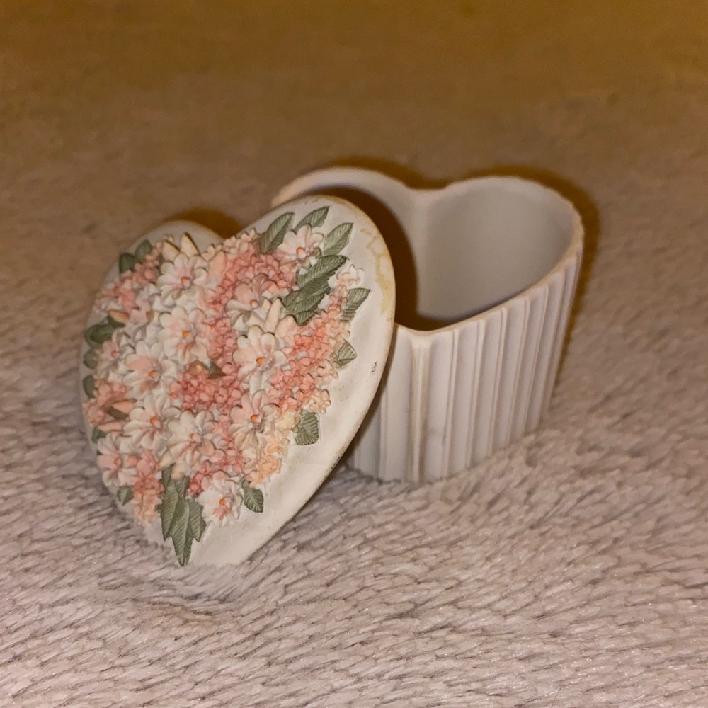 Heart Shaped Bisque Trinket Box w/ Handmade Floral Appliqué